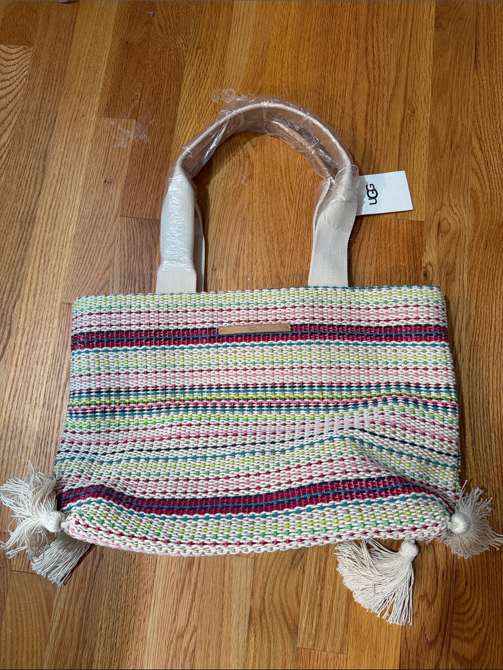 UGG Julia Multicolor Striped Woven Tote with Cream Handles NWT